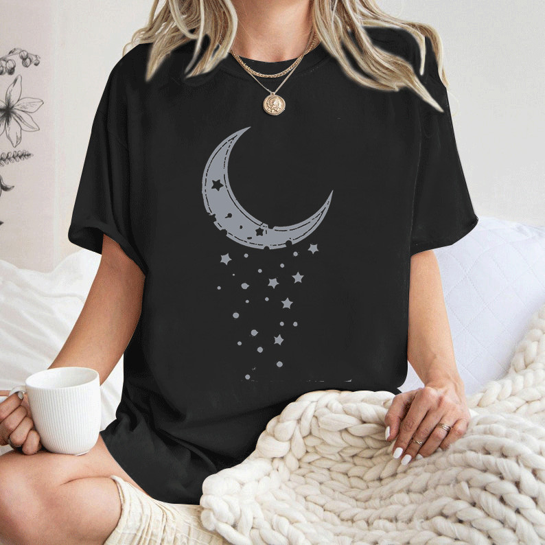 [Camiseta Premium Algodão Puro]LA Camiseta Feminina Adulto Curta Manga, Estampa Lua, Estrelas e Pontos, Cor Cinza, Algod