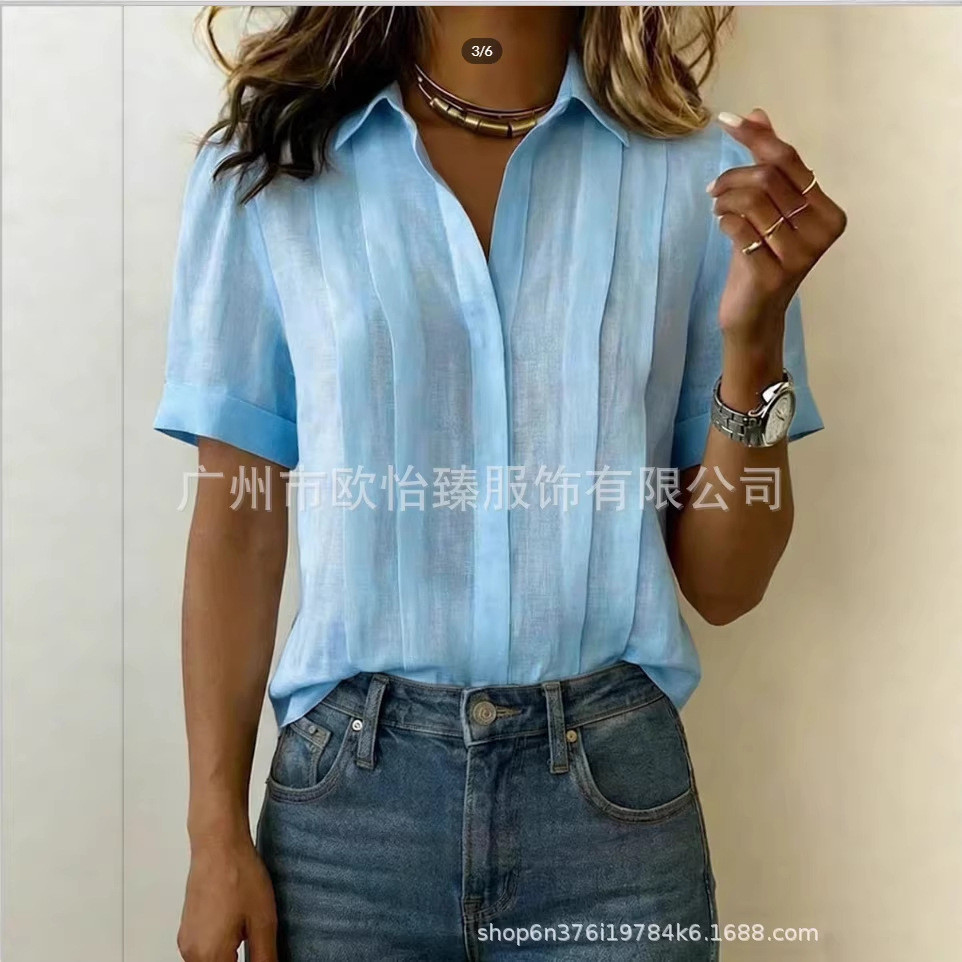 Casual algodão linho plissado camisa de manga curta gola alta Design 2026 verão feminino moda respirável camisa de algod