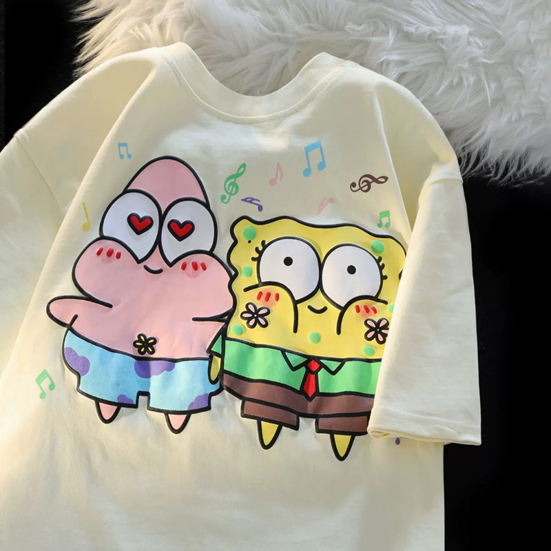 Camiseta Bob Envio Rapido Algod Desenho Animado Impressão Camiseta De Manga Curta Com Gola Redonda Feminina Casual Loose