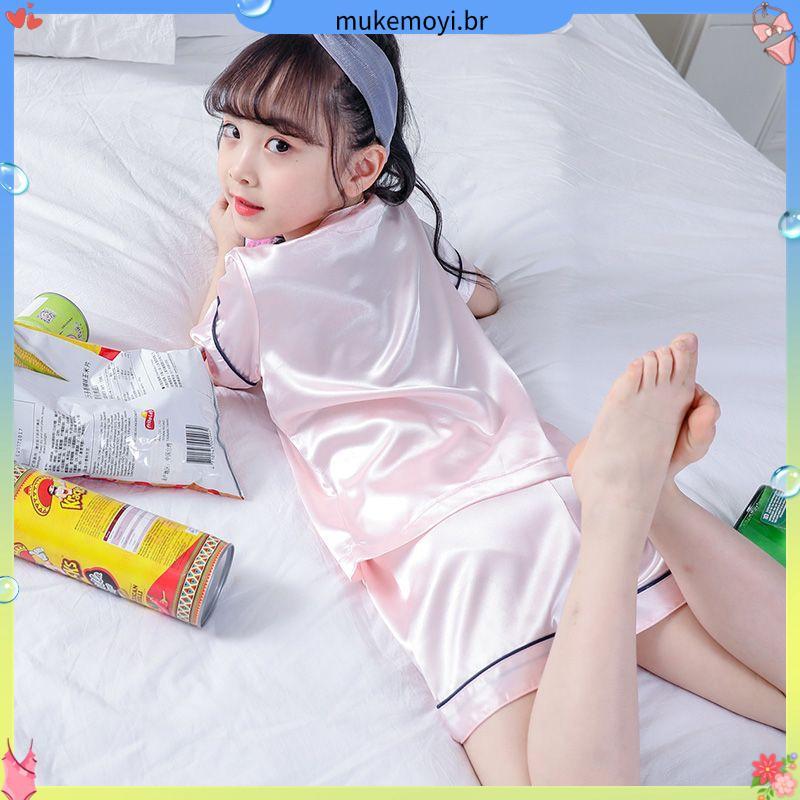 Meninas pijamas estilo fino gelo seda crianças verão de manga curta meninas bebê médio grande crianças terno verão algod