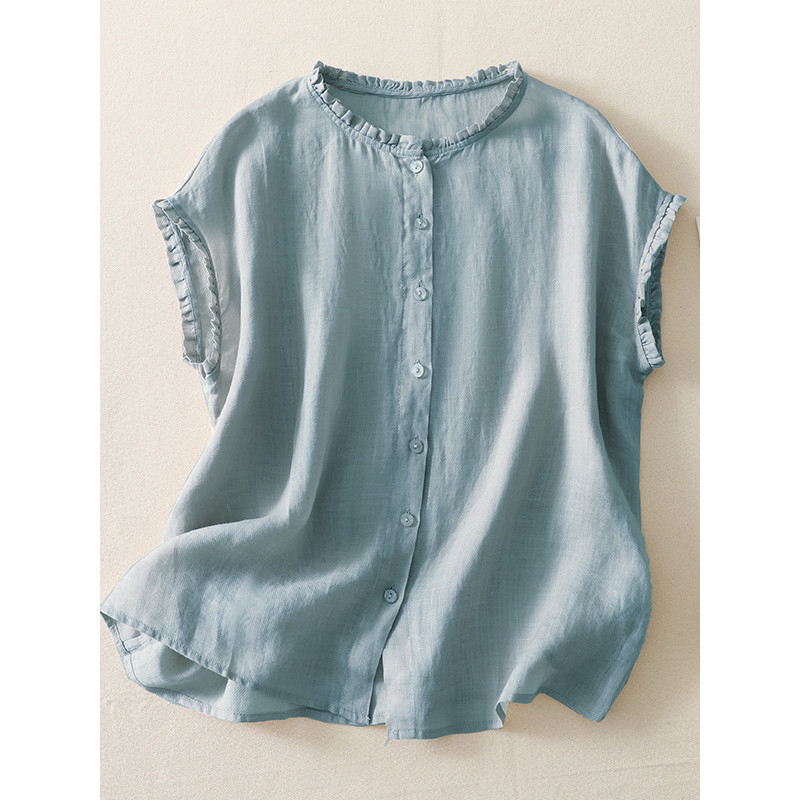 Verão fino impervível camisa de linho carnudo feminino fungo gola de renda manga curta pequena camisa solta Casual algod