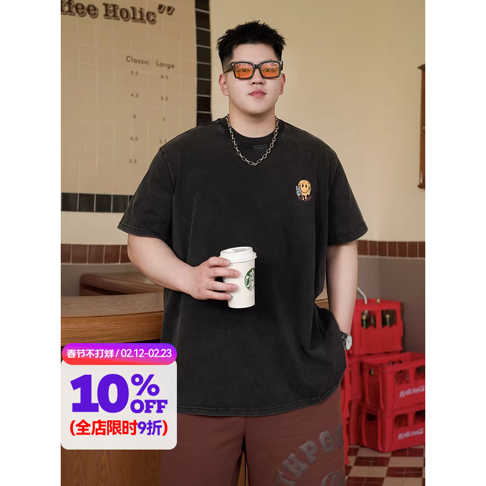 THE PANG Street Wear Plus Size Roupa Masculina Verão Retro Lavado Angustiado Camiseta de Manga Curta Gordura Solta Algod