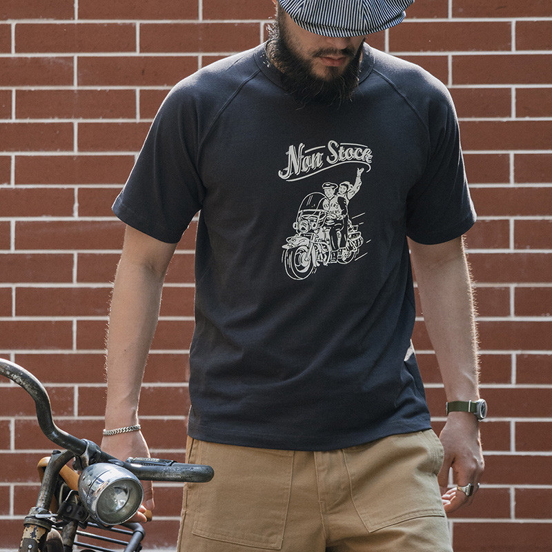 Não estoque americano Retro manga Raglan motocicleta corrida manga curta camiseta japonês em torno do pescoço puro algod