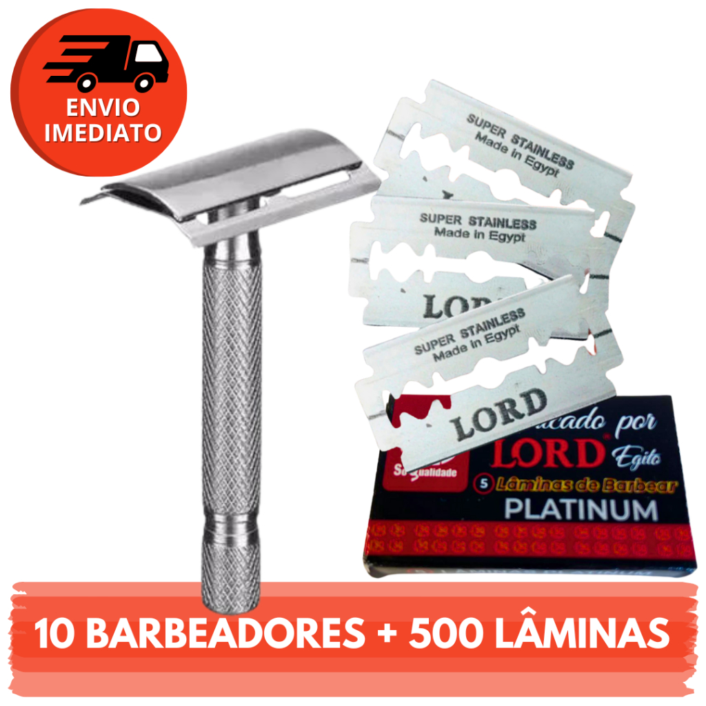 Combo 10 Aparelho Barbeador Metal Clássico Manual Retrô Profissional E Lâmina Descartável Navalha