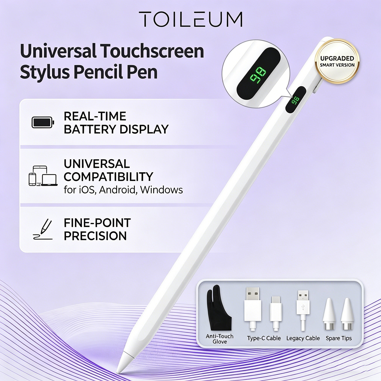 Caneta Stylus Universal TOILEUM com Visor Digital de Bateria em LED, Caneta Touchscreen Capacitiva + 2x Pontas + Luvas