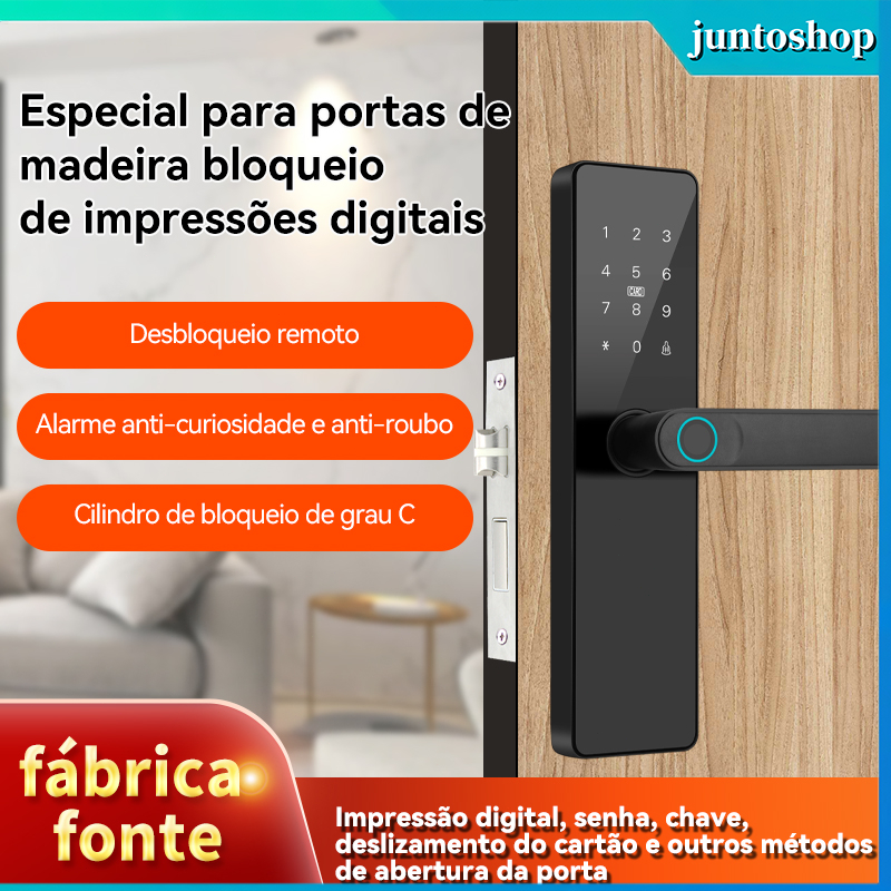 Fechadura Inteligente Porta Madeira: Digital 360° + Senha + Cartão + Remoto | Cilindro C + Alarme Anti-Roubo