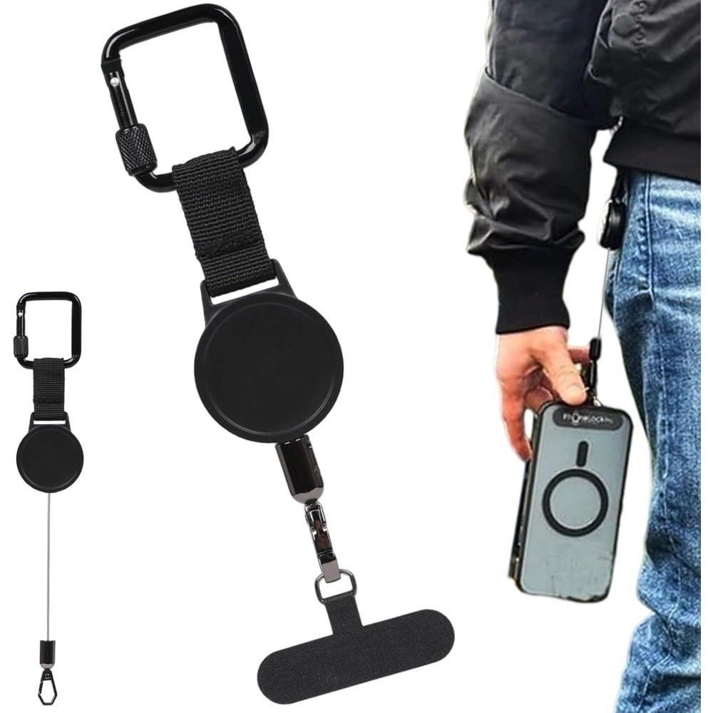 Cordão retrátil anti-furto para celular, com rotação de 360 graus. ° Mosquetão de metal com trava, adequado para caminha