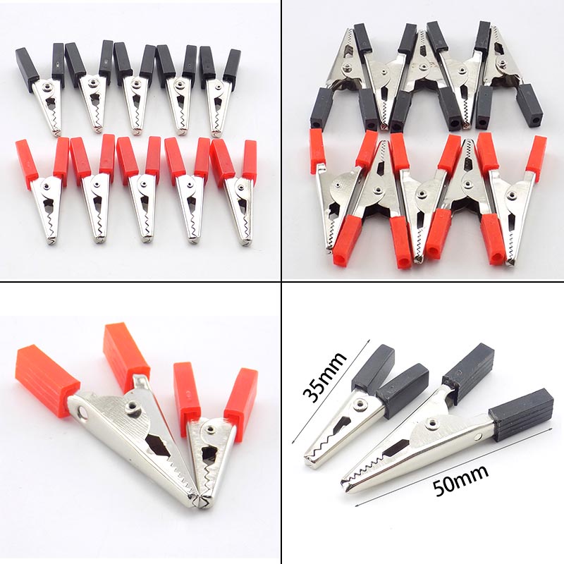 10pcs Clipes Jacaré Vermelho Preto Crocodilo Teste Terminal Bateria Elétrica Grampo 35mm 50mm BRA