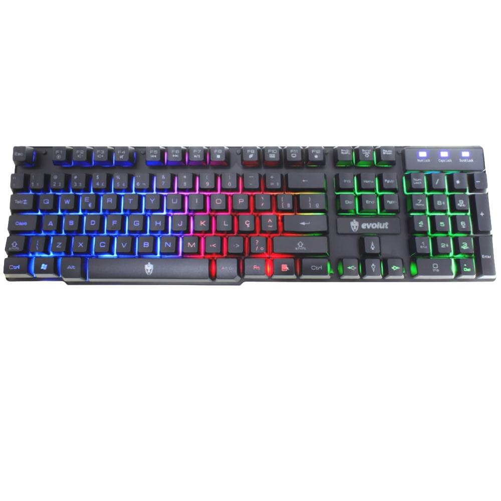 Teclado Gamer Usb Semi Mecanico Qwerty Português Brasil Com Luz RGB Led Rainbow Hawker EG206 Evolut