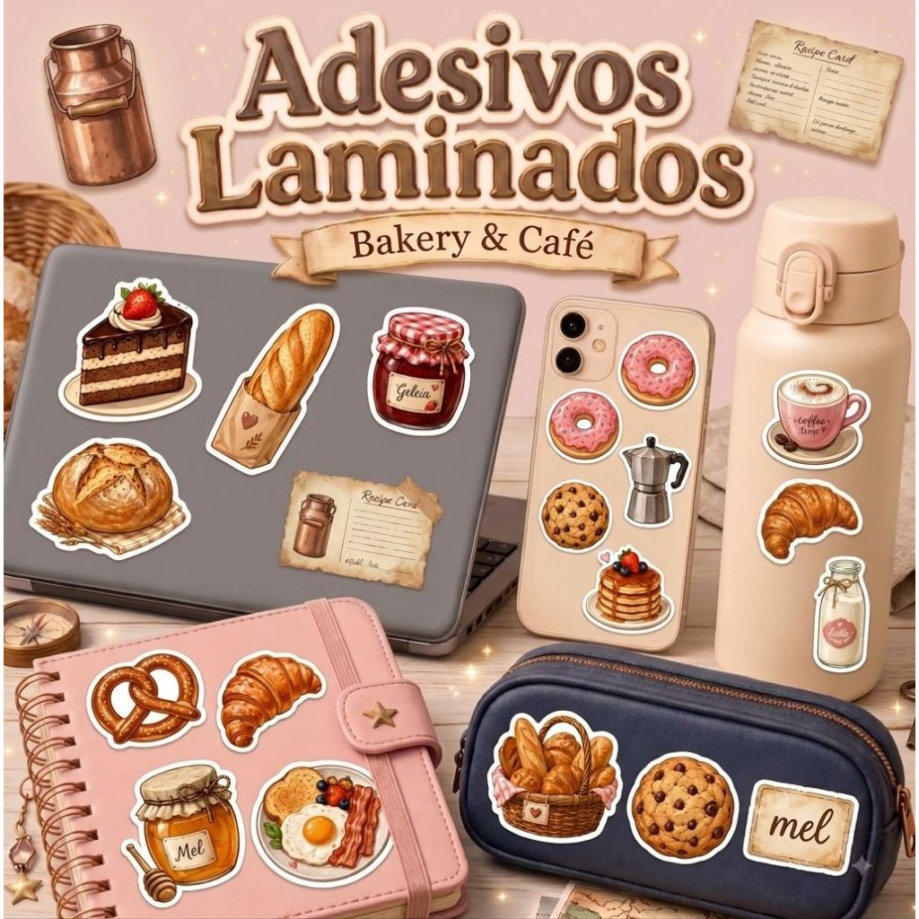 ☕Adesivos Laminados Para Notebooks, Celular, Táblet etc. Bakery & Café e Confeitaria