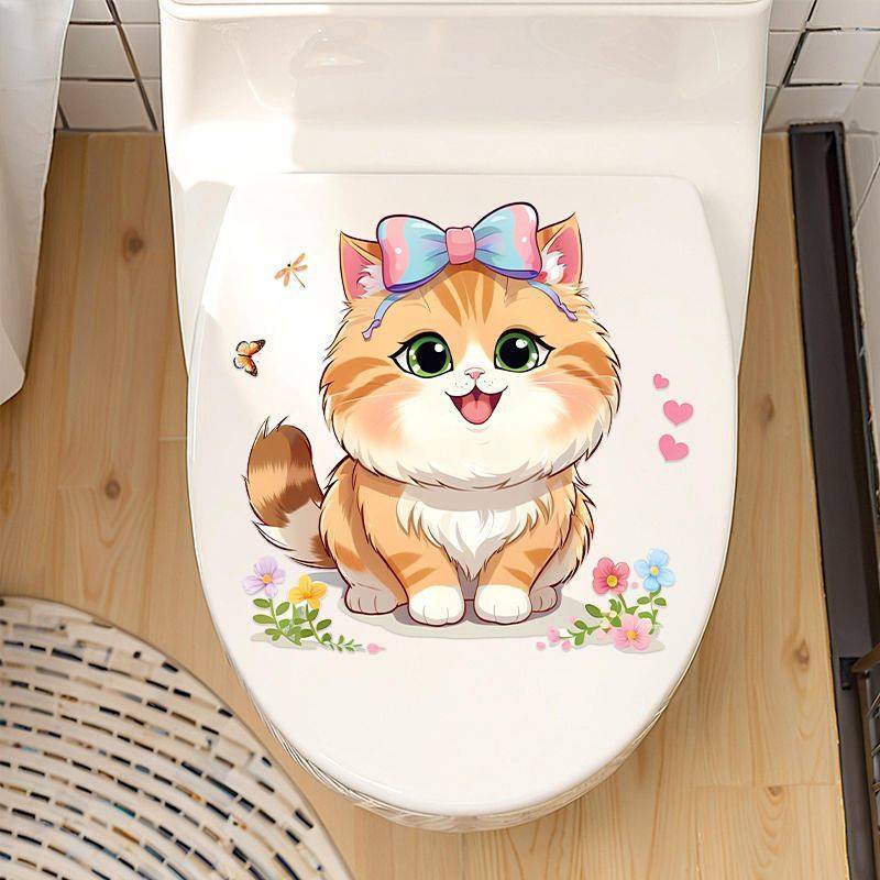 Personalized Kitty Cartoon Stickers Cute Bathroom Toilet Waterproof Stickers Self-Adhesive Beautifying Tile Sticker LjJu
