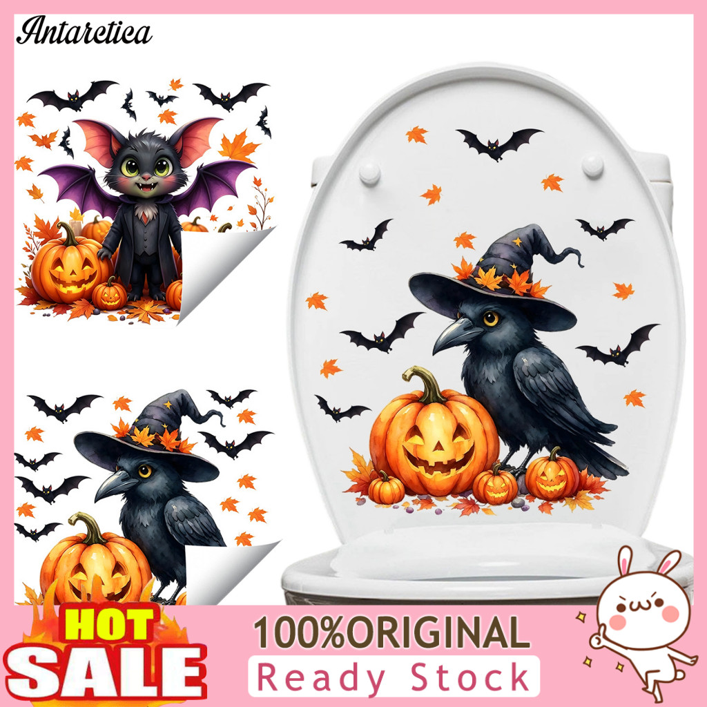 Self-adhesive Pvc Stickers Removable Toilet Decals Halloween Waterproof Cute Cartoon Bat Black Crow with Witch Hat Pumpk