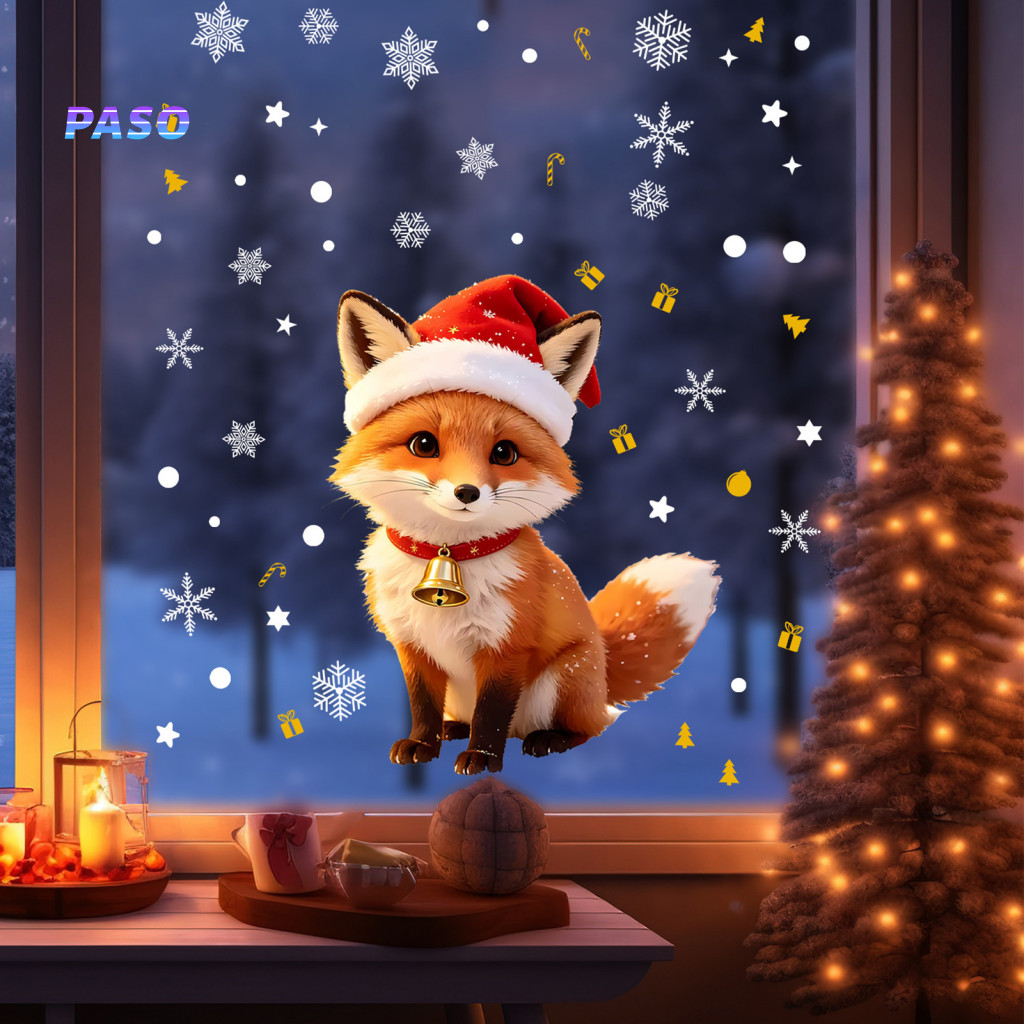 Christmas Window Decals Holiday Gift for Friends Cute Fox Clings Santa Hat Snowflake Tree Static Self-adhesive Winter fo
