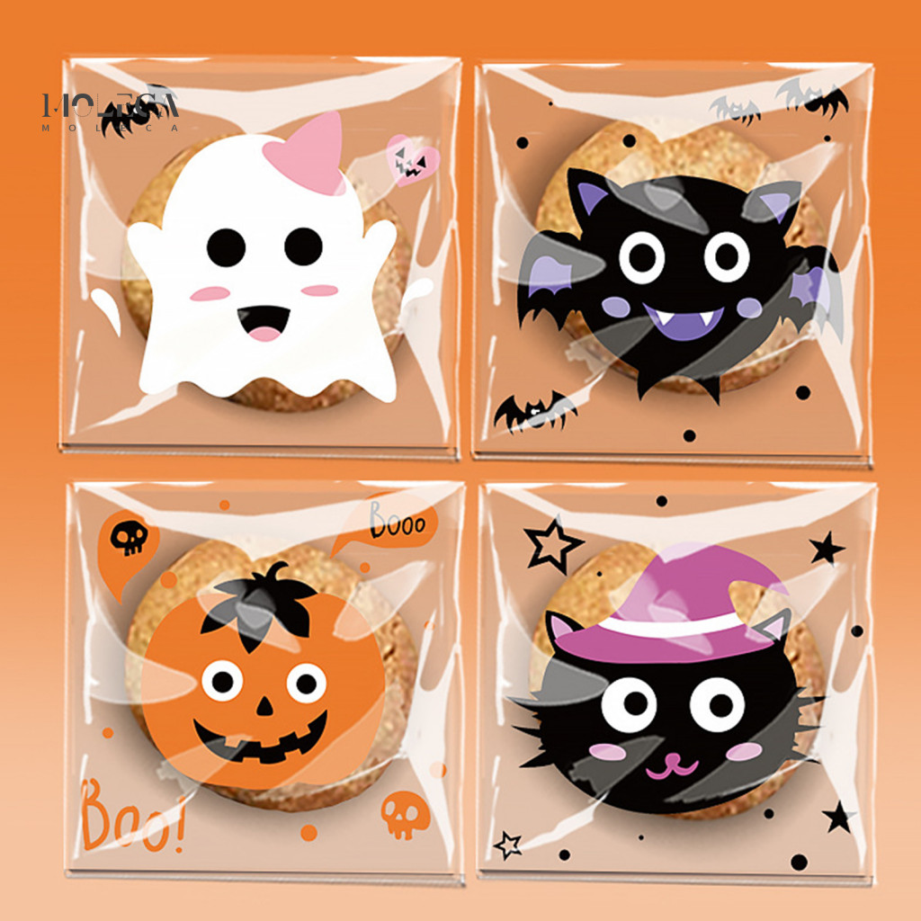 Halloween Snack Bags Cute Cartoon Treat Pouches 100 Pcs with Self-adhesive Seal Small Candy Cookie for Party Favors Tric