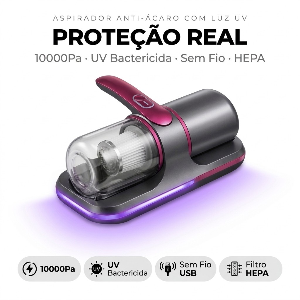 Aspirador de Pó Anti-Ácaro UV 10000Pa Portátil Sem Fio USB HEPA para Colchão Sofá Cama Estofados