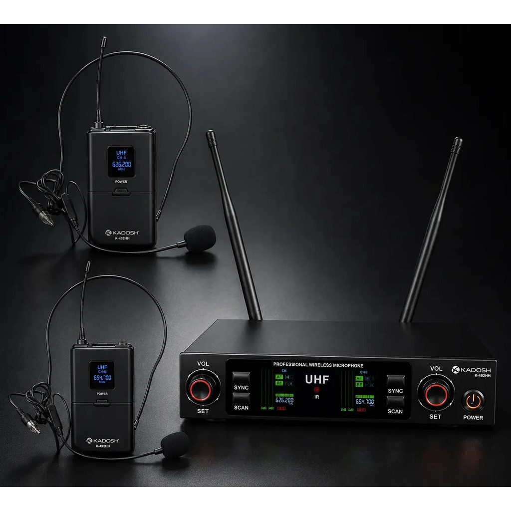 Microfone Sem Fio Duplo Kadosh K-492HH UHF Profissional Cardioide Display LCD IR XLR P10 Antenas BNC Bivolt Igrejas