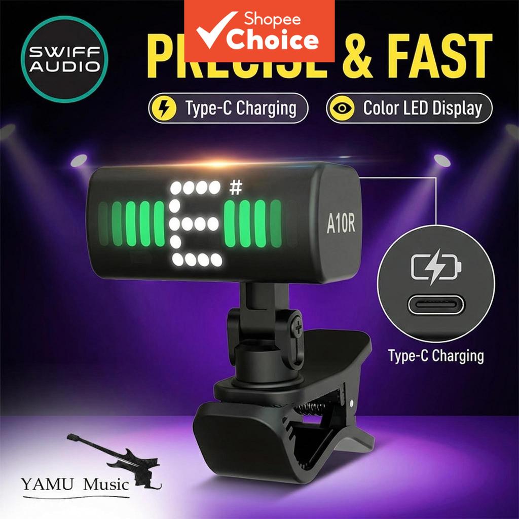 Afinador de clipe Swiff Audio A10R Design compacto Portabilidade Display LED de tela larga Tipo-C Carregamento rápido