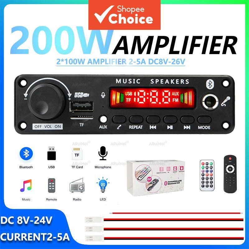 Placa Amplificadora Estéreo Bluetooth 2x100W Com Display Espectro USB TF FM AUX Microfone Controle Remoto DC 8 26V Ferra