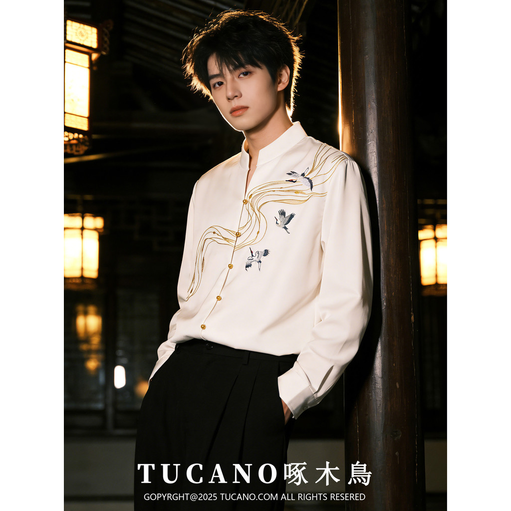 TUCANO novo estilo chinês gola alta camisa bordada masculina manga longa negócios Casual All-Match guindaste estilo chin