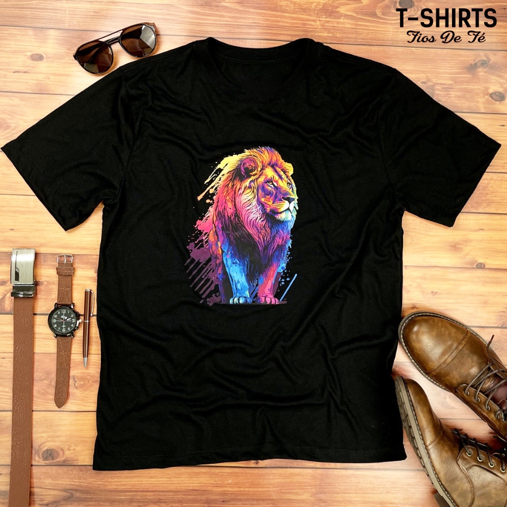 Camiseta Masculina Regular Fit Algodão Confortável Estampa Leão Colorido
