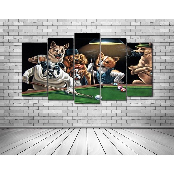 quadros mosaico cachorros jogando sinuca - 5 peças