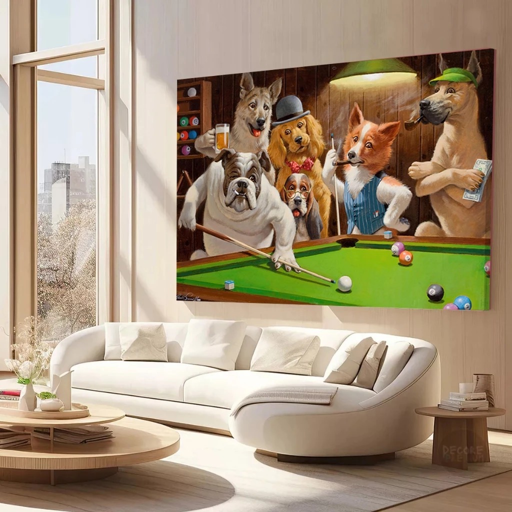 Quadro Decorativo Cachorros Jogando Sinuca Bilhar Snooker