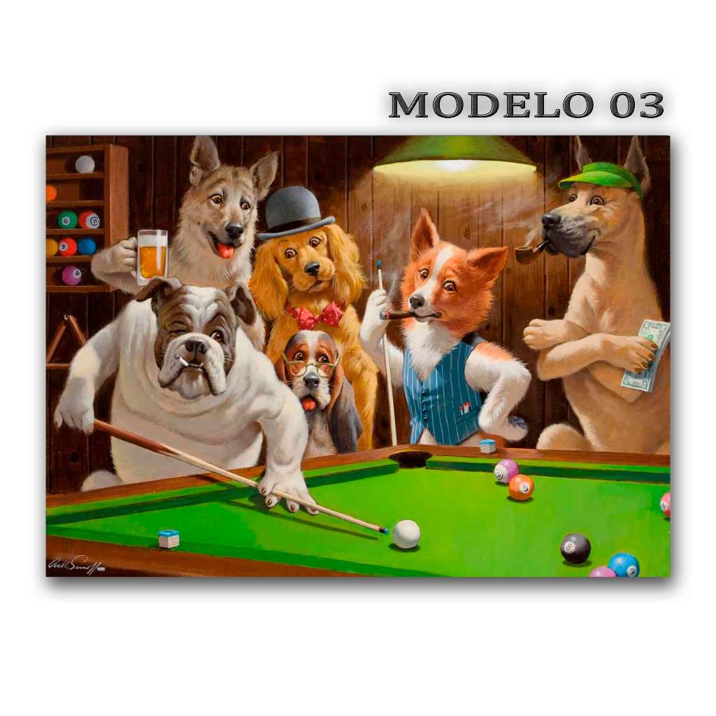 Placa quadro decoração casa bar sala de jogos pet cachorros jogando sinuca snooker - tamanho - 60 x 90