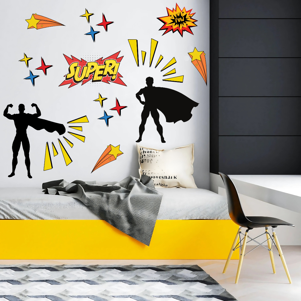 Adesivo de Parede Super-Heróis com Palavras de Ação – Decoração Criativa e Estilosa para Quarto Infantil