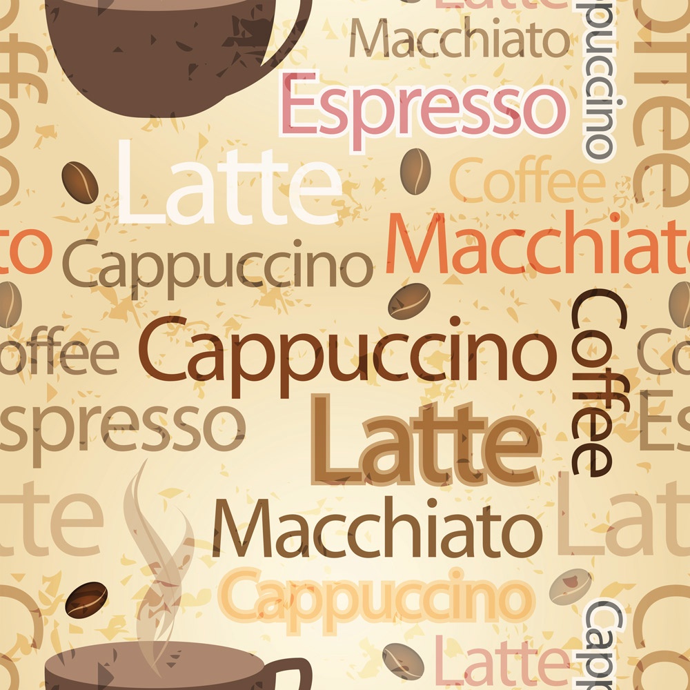 Papel Parede Adesivo Decorativo Lettering Palavras Cafeteria Decoração Latte Cappuccino Macchiato.