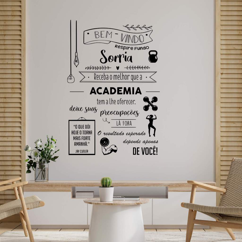 Adesivo de Parede Frase Bem Vindo Academia Palavras Motivação Força Recepção Loja Fitness