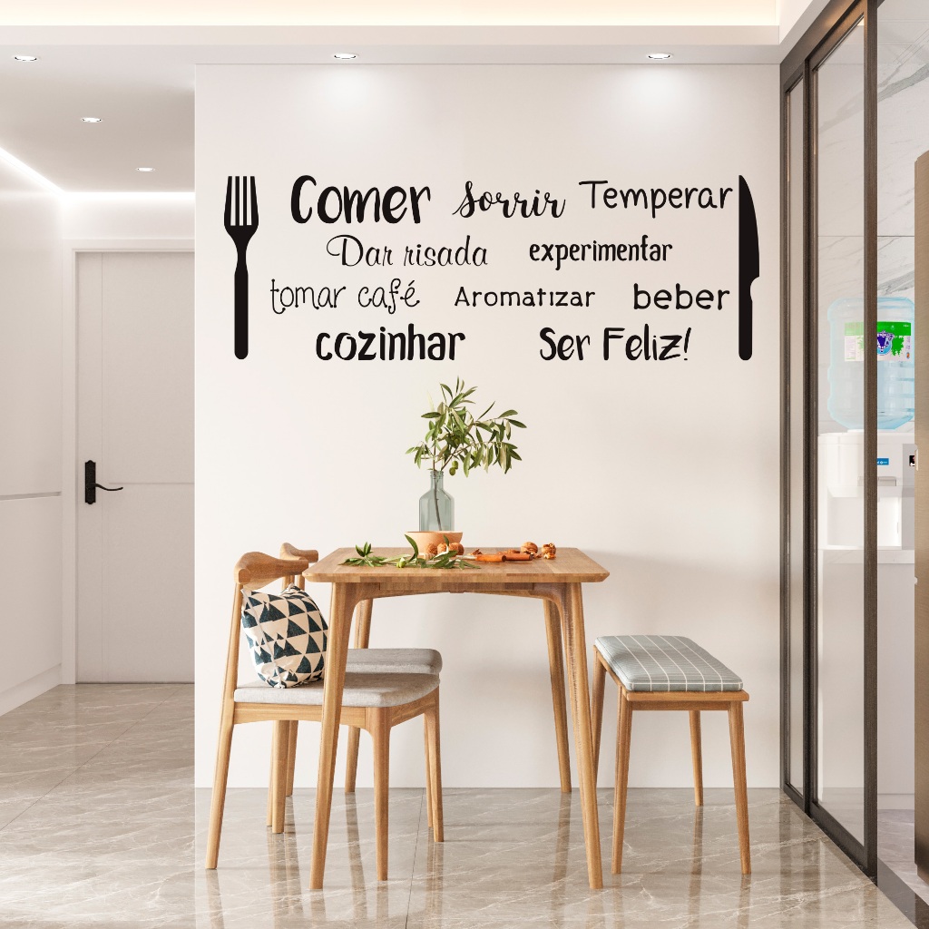 Adesivo de Parede Palavras Cozinha Comer Dar Risada Garfo Faca Horizontal