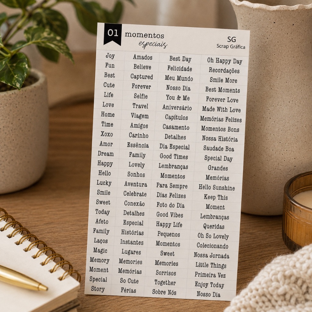 Cartela de Adesivos Palavras para Scrapbook Momentos Especiais