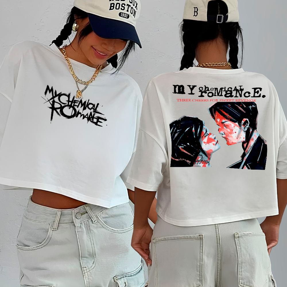 Blusa Cropped Banda My Chemical Romance Frente e Costa The Black Parade Tour 2026 Show Brasil Three Cheers For Sweet