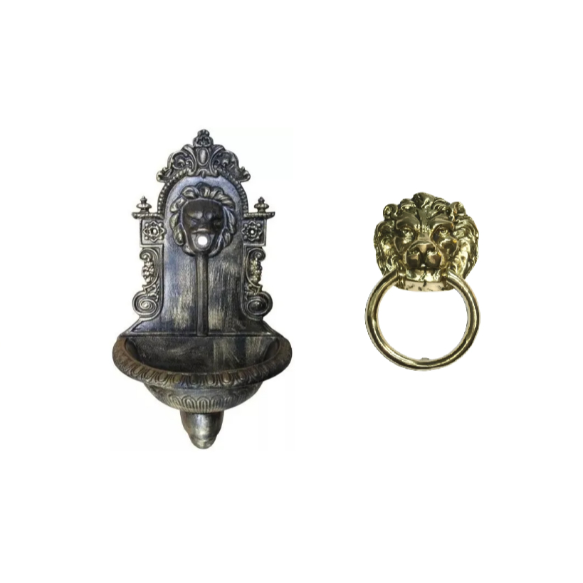 Kit Chafariz Lavatório Pia lavabo + Batedor de Porta Cabide Porta Toalha Cara de Leão Ouro Envelhecido
