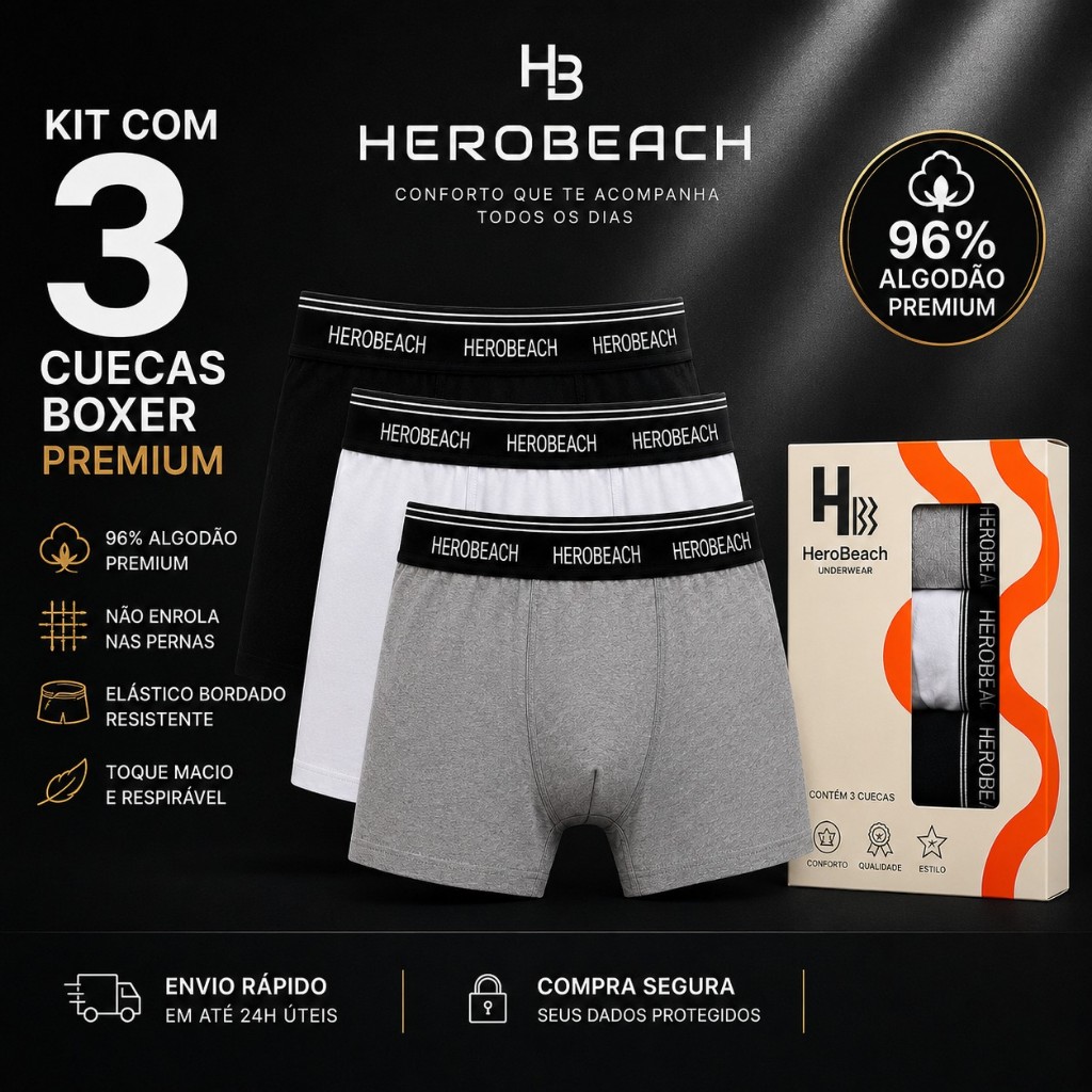 Kit 3 Cuecas Boxer Masculina HeroBeach Algodão Premium Elástico Bordado Confortável