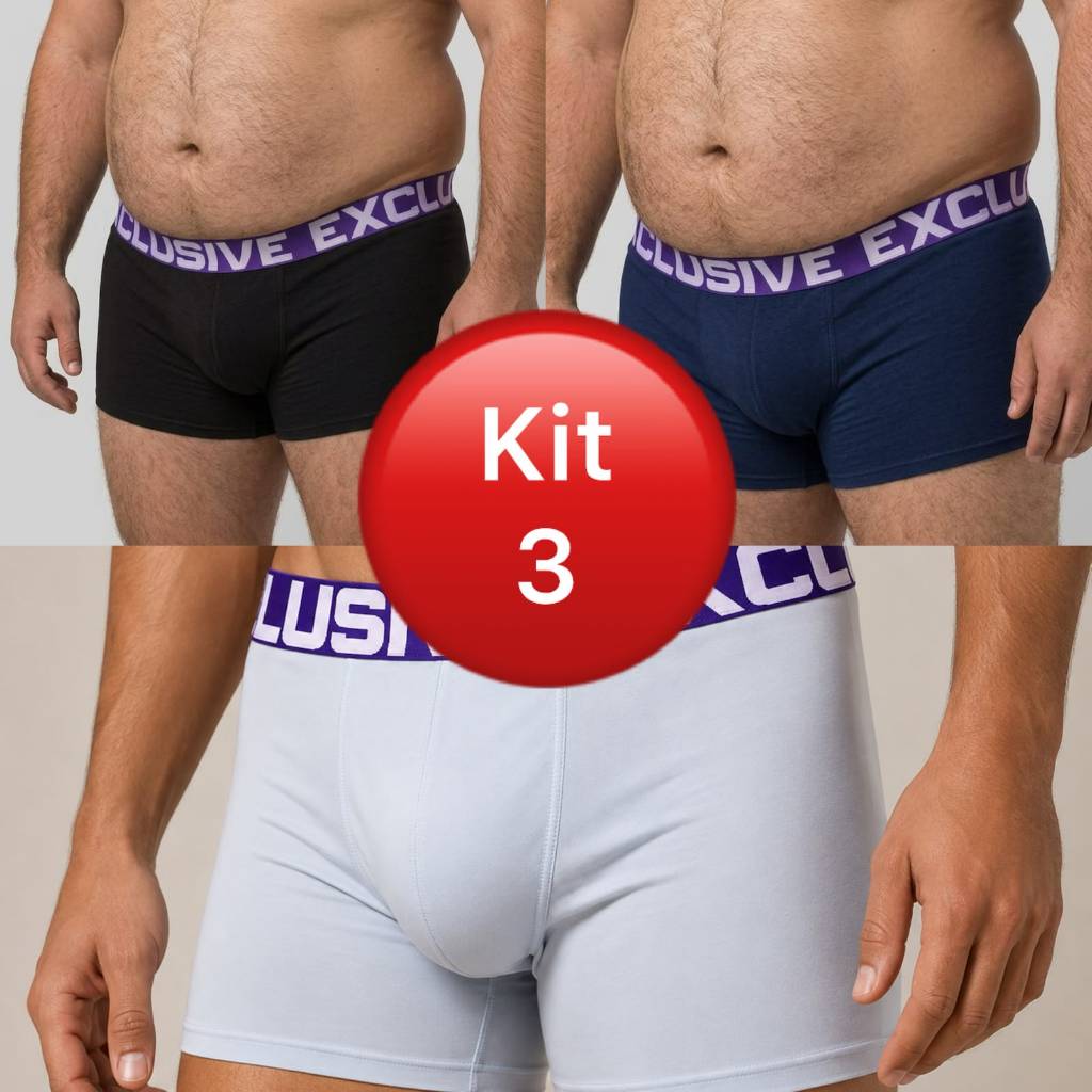 Kit com 3 Cueca Box Boxer Plus Size Adulto de Microlight com Elástico 50 milímetros reforçado.