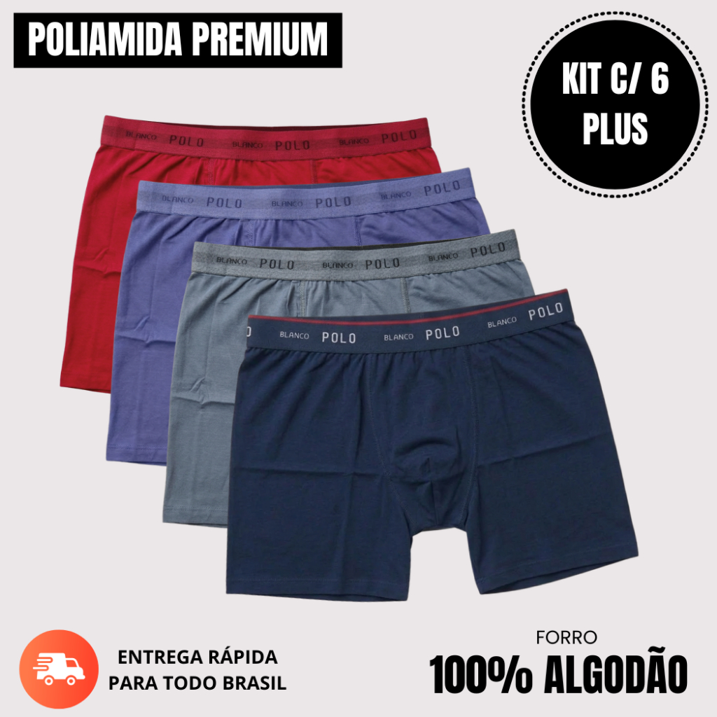 Kit 6 Cuecas Boxer Plus Size XG XGG Poliamida Premium Pollo Tamanho Especial G1 G2 Forro 100% Algodão