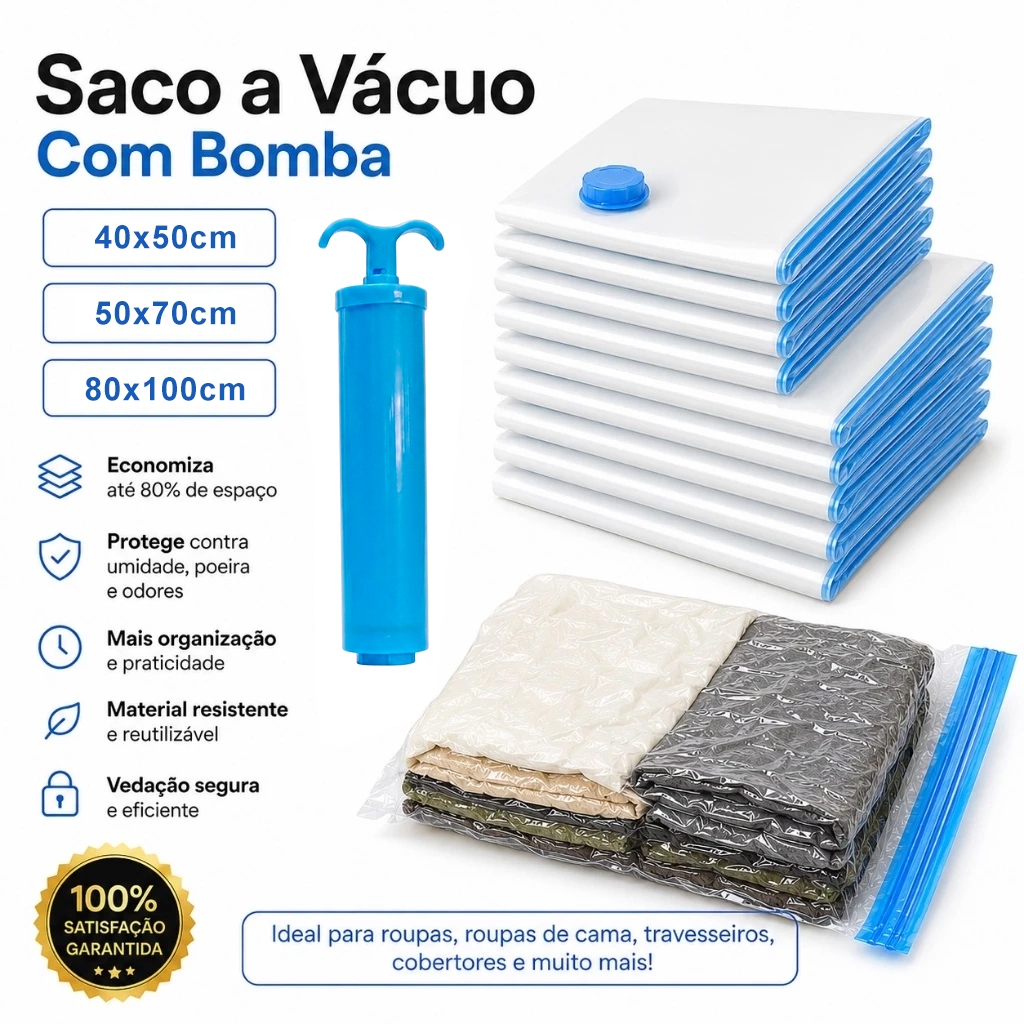 Kit 10 Vacuum Organizer Bags 50x70/80x100 + Hand Pump for Travel and Clothes, Reusable Space Saving