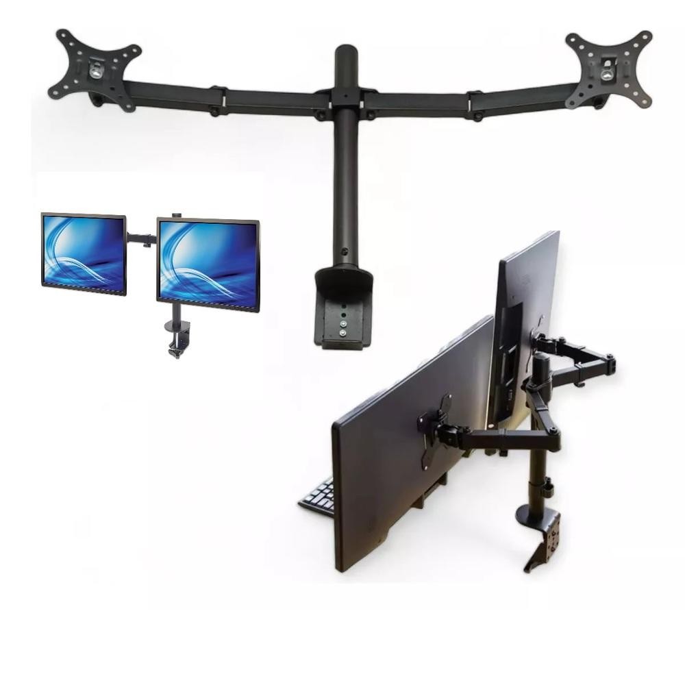 SUPORTE 2 MONITOR DUPLO BRACO ARTICULADO 10 A 32 POLEGADAS MESA GIRATORIO BANCADA