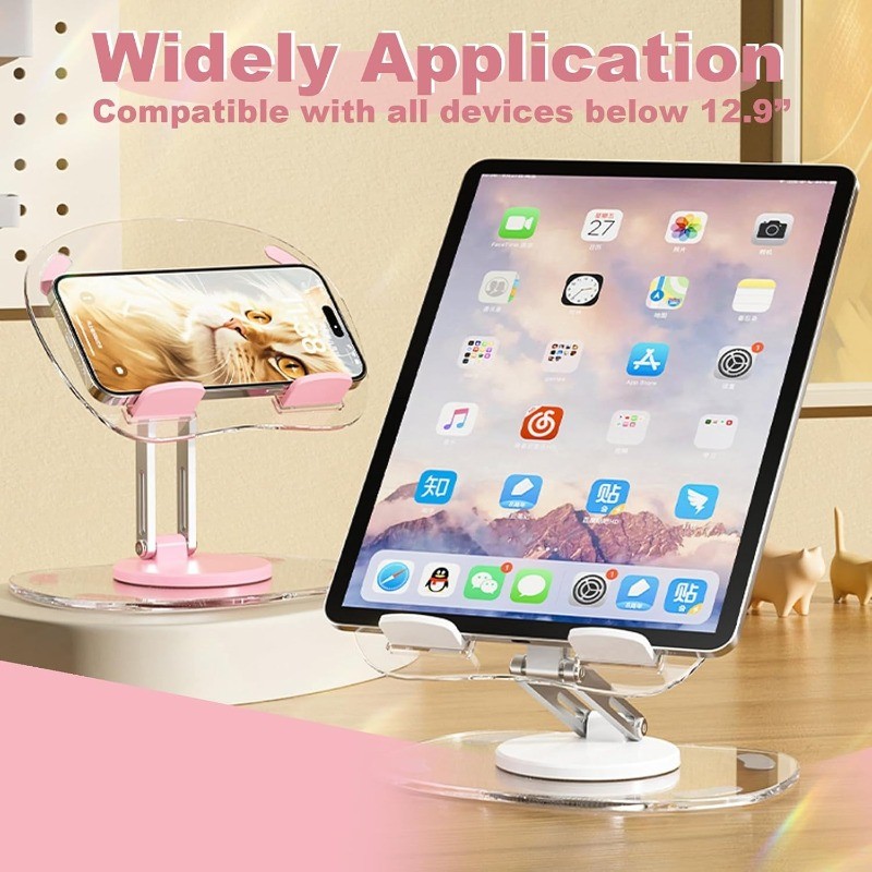Suporte Giratório 360° em Acrílico para Celular e Tablet 4,7–13″ – Base Resistente Antiderrapante para Mesa e Escritório