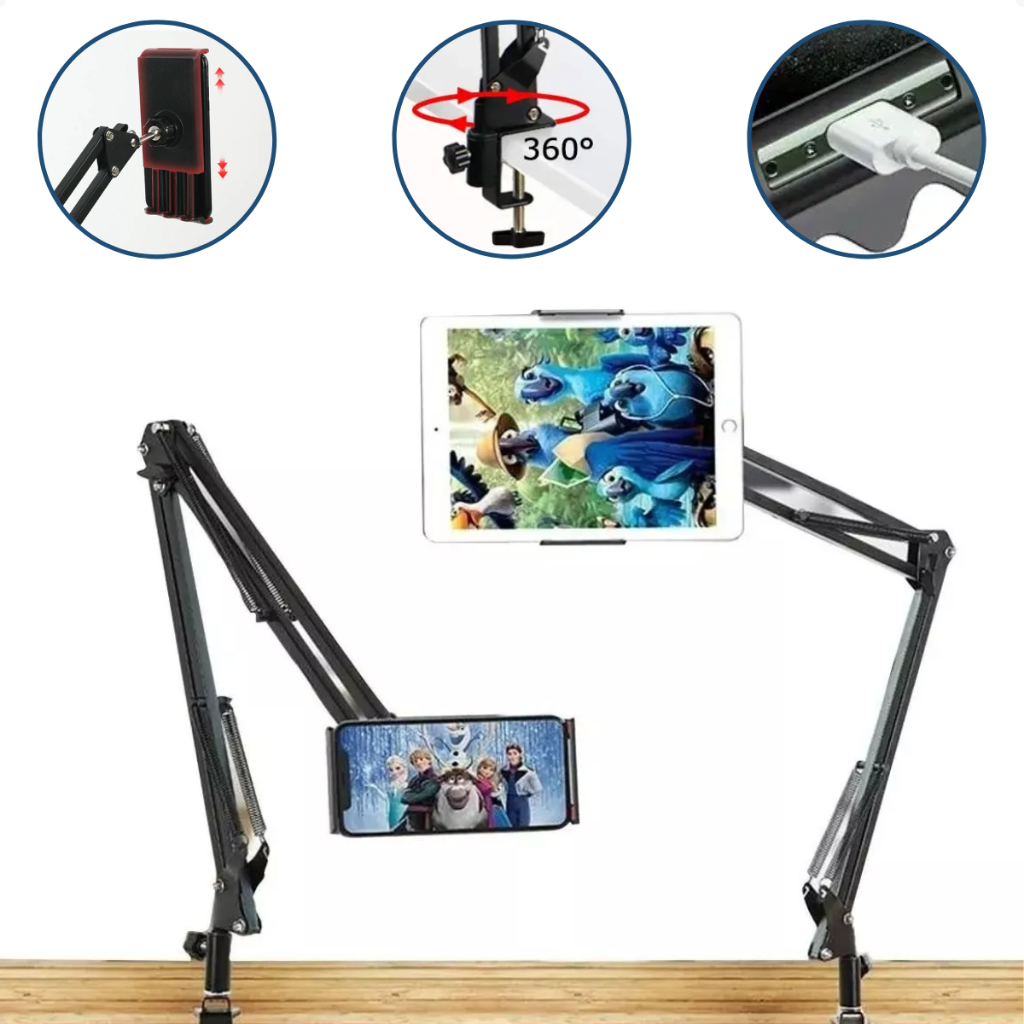 Suporte Celular Tablet Braço Articulado Mesa Cama Universal Ajustável 360 Reforçado Leitura Ipad Kindle Vídeos Filmes