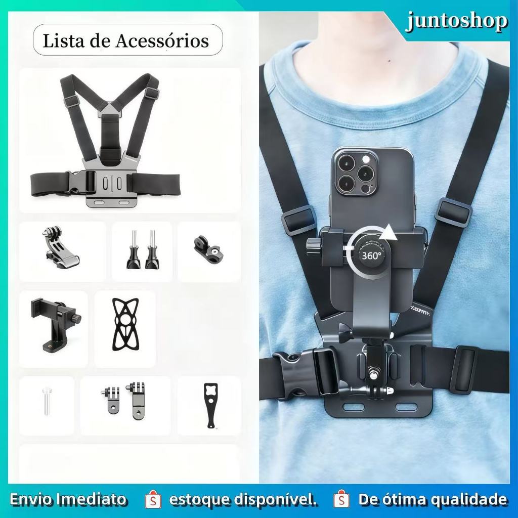 Suporte Peito Peitoral Para Celular E Câmera Esportiva Gopro Chest Band Ajustável 360° Colete Vídeo
