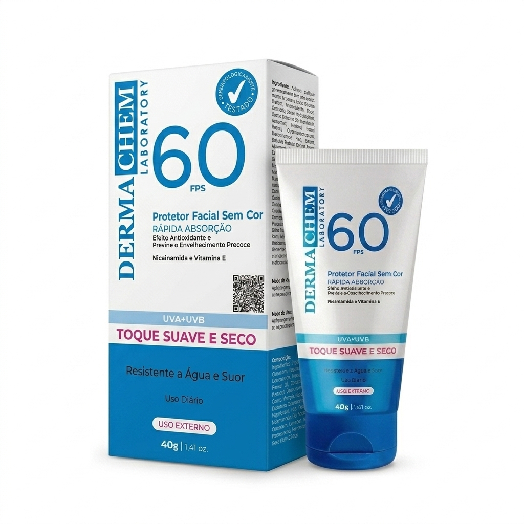Protetor Solar Rosto FPS 60 Super Hidratante Rejuvenescedor Sem Cor Toque Seco 40g – Dermachem