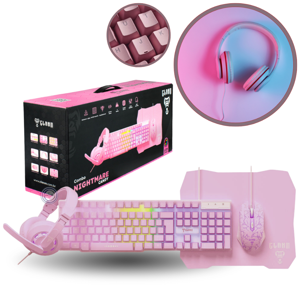 Kit Gamer Nightmare Candy Clanm Rosa Mouse Fone Teclado e Mousepad