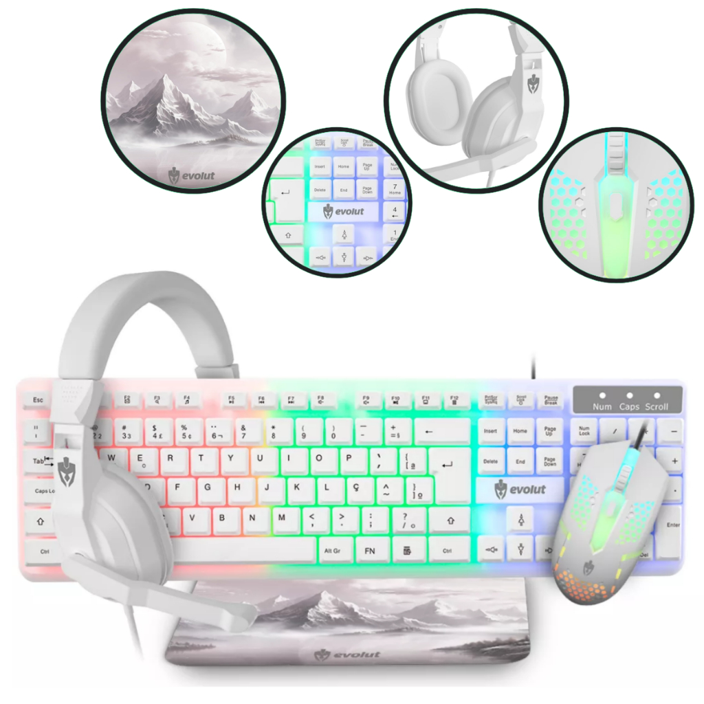 Kit Gamer Evolut Eg55 Branco Starter Rainbow Teclado Mouse Fone Mousepad