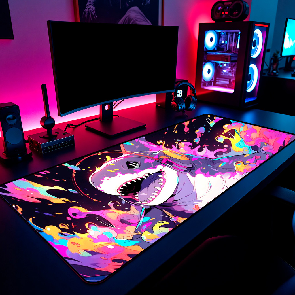 Mouse Pad Gamer Tubarão Colorido Fone 65x30cm 80x40cm 90x50cm 120x60cm Borda Costurada