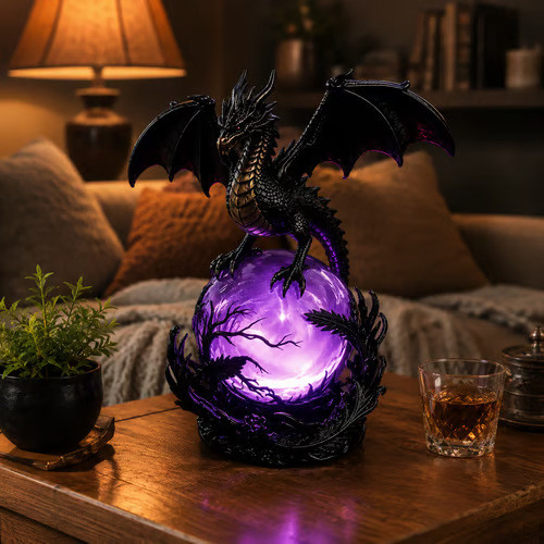 Candeeiro De Mesa Gótico Para Casa , Dragão De Resina , Luz De Bola De Cristal LED , Adequado Decoração De Quarto E Sala