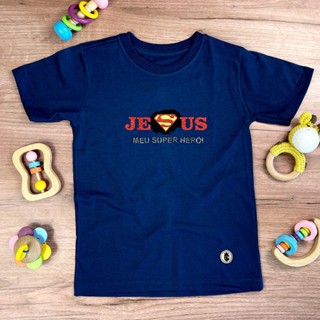 Camiseta Infantil Azul Jesus Meu Super Herói Algodão Confortável Gospel Cristã Estilo e Fé e