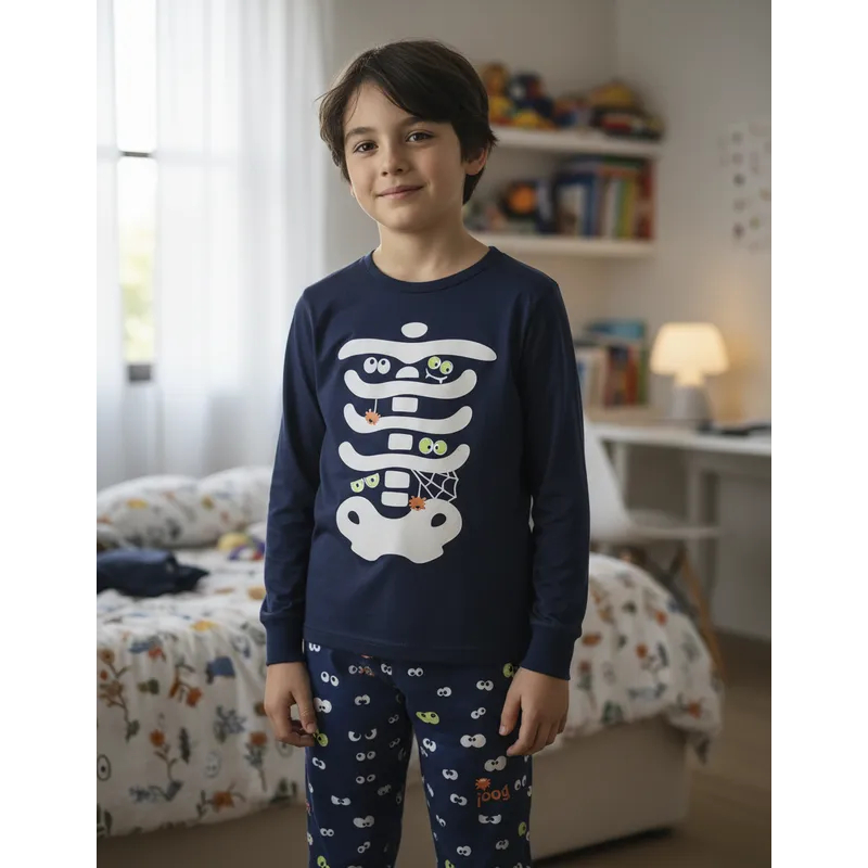 PIJAMA INFANTIL MASCULINO ESQUELETO COM PUNHO AZUL