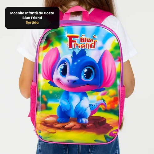 Mochila Infantil Escolar Blue Friend Costa 13L Poliéster Resistente Alças Ajustáveis Azul Rosa